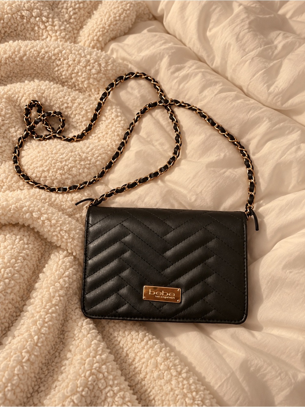 bebe Black Quilted Crossbody with Gold Chain Strap